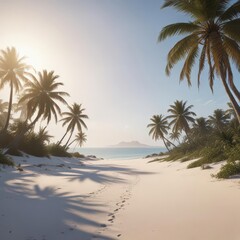 Obraz premium White sand, palm trees silhouette, distant island, travel, horizon, silhouette