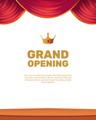 Grand Opening Poster with Crown and Red Curtain Background