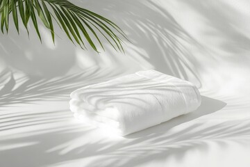 Obraz premium Soft and luxurious white beach towel neatly folded on clean white surface, symbolizing relaxation by the shore.