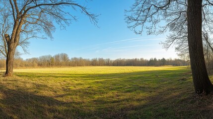 Obraz premium Panoramic view of a field bathed in sunlight.