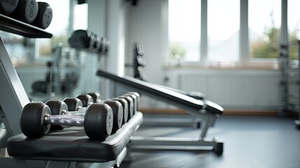 Fototapeta premium Modern empty gym with weight benches and dumbbells under soft natural light, minimalistic fitness training room interior with clean equipment and spacious layout for workout inspiration.