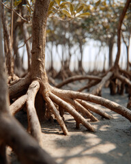 Exposed roots of mangrove tree are creating intricate patterns on sandy shore, displaying nature resilience and power of hidden root system