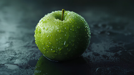 Closeup of a Green Apple Covered in Water Droplets on a Dark Surface