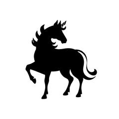 Black horse running through open field

