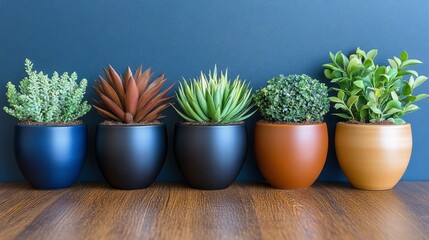 Succulent Collection in Earthy Tones: A vibrant collection of succulents in various shades of green and brown, potted in earthy toned ceramic containers.