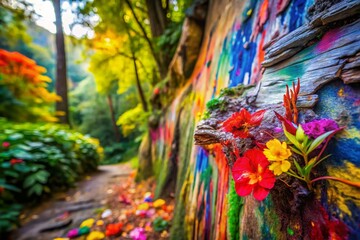 Vibrant Graffiti Paintbrush Strokes on Nature Backdrop - Stock Photo