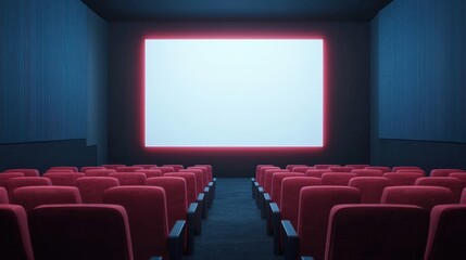 Luxurious modern cinema hall awaits audience with glowing blank screen