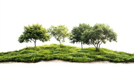 Isolated lush green hillock with trees against a bright white backdrop