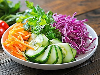 Fresh vegetable salad close up on wooden table top shot featuring carrots cucumbers parsley and red cabbage
