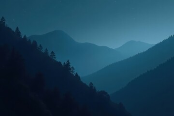 Serene Nighttime Landscape Featuring Silhouetted Mountains and Coniferous Trees Under a Starry Sky