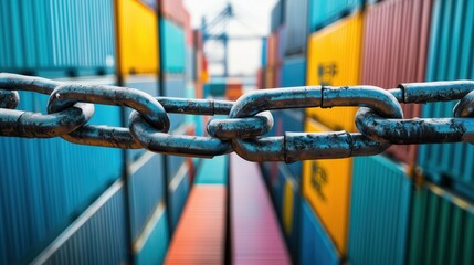 Naklejka premium Steel chain blocking access to shipping containers in logistics hub