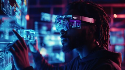 Software engineer wearing augmented reality headset working with digital display in data center