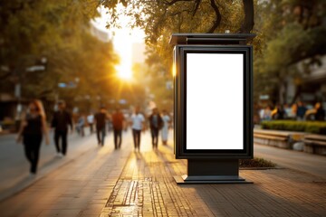 large Blank vertical billboard on sidewalk in city street, modern urban advertising display, evening sunlight through trees, blurred pedestrians in background