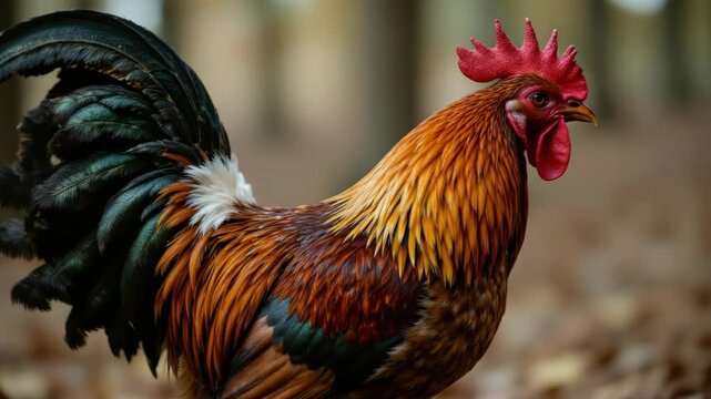 A vibrant rooster perched gracefully, showcasing its colorful feathers in a serene forest setting.