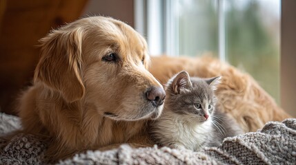 Golden retriever dog and a cute kitten sitting together on a cozy blanket, enjoying the warmth of natural light in a peaceful and comfortable home setting, symbolizing friendship between pets.