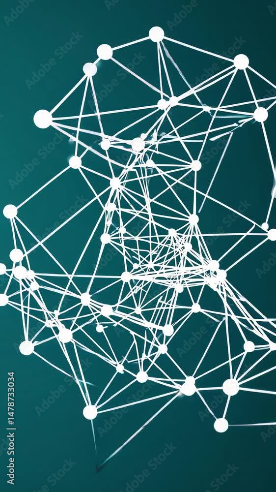 Poster white geometric plexus network of triangles, dots, and lines shifting dynamically on a plain teal ba