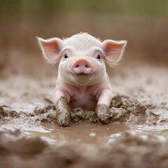 Adorable piglet nestled in a muddy puddle.