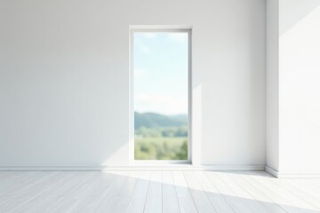 Fototapeta premium Bright, airy room with minimalist design and large window showcasing a peaceful landscape view