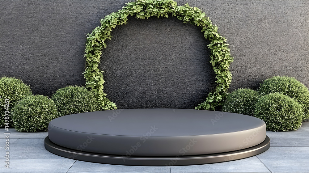 Poster minimalist round platform with greenery backdrop; ideal for product display or branding. elegant and