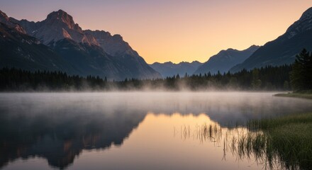 Fototapeta premium Mountain Lake Sunrise Reflection with Mist