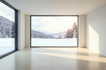 Obraz premium Serene Empty Room with Expansive Winter Landscape View Through Floor to Ceiling Windows