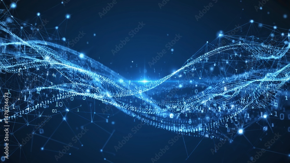 Poster blue digital wave flows with connecting nodes, creating abstract modern art
