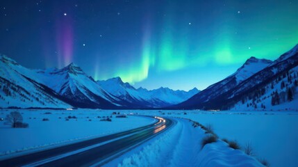 Serene Winter Night Drive Through Snowy Mountains Underneath a Vibrant Aurora Borealis Display