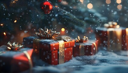 Festive gift boxes under a snowy Christmas tree.
