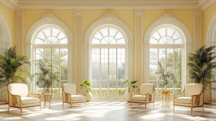 Fototapeta premium Sunlit Conservatory: Elegant cream armchairs flank three arched windows in a sunlit conservatory, creating a serene and sophisticated atmosphere. Lush potted plants add to the tranquil ambiance. 