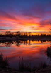 Fototapeta premium 燃える夕焼け空 静かな水面に映る 美しい風景
