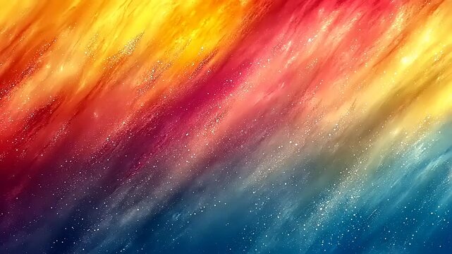 Abstract painting of a celestial scene with swaths of color blending from yellow to red to blue
