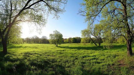 Obraz premium Lush green meadow bathed in golden sunlight under a clear sky.