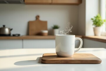 A steaming mug of warm beverage rests on a wooden coaster, bathed in sunlight on a kitchen counter; blurred kitchen background suggests a peaceful morning.