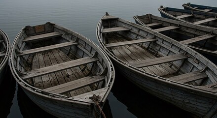 Obraz premium Rowboats resting on calm water surface showcasing wooden texture and craftsmanship for travel adventure