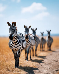 Obraz premium Herd of zebras with their striking black and white coats, happily grazing in African savanna, creating beautiful and mesmerizing scene