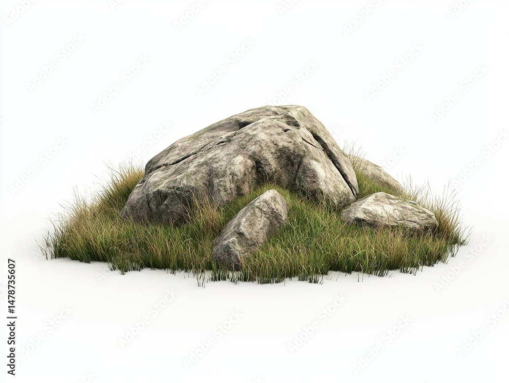 Poster isolated rocks and grass patch on white background studio shot eye level view nature element