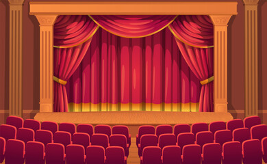 Classic Theater Stage with Red Curtain and Empty Audience