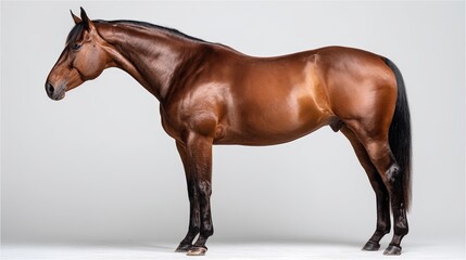 Obraz premium Majestic bay horse standing gracefully on a neutral white background, showcasing detailed coat texture, symbolizing elegance and natural beauty, perfect for equestrian, animal, and wildlife concepts.