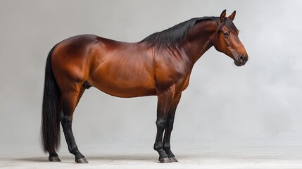 Obraz premium Majestic bay horse standing gracefully on a neutral white background, showcasing detailed coat texture, symbolizing elegance and natural beauty, perfect for equestrian, animal, and wildlife concepts.