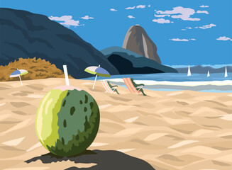 Graphic style illustration of a coastal landscape of the city of Rio de Janeiro, Brazil.