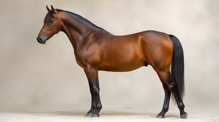 Obraz premium Majestic bay horse standing gracefully on a neutral white background, showcasing detailed coat texture, symbolizing elegance and natural beauty, perfect for equestrian, animal, and wildlife concepts.