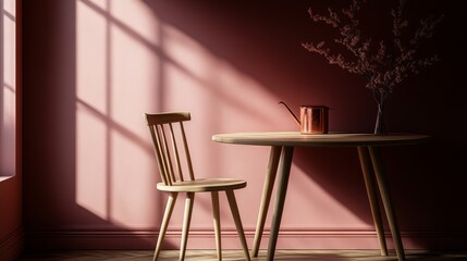 Serene Dining Room: A cozy dining area with a wooden chair and table, bathed in warm sunlight, complete with floral decorations for a relaxing atmosphere.