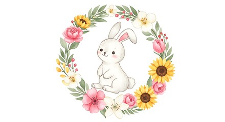 Watercolor Delight: Bunny in a Floral Embrace