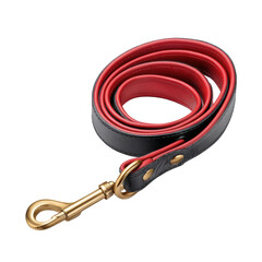A black and red leather dog leash with a gold hook is coiled on a black background
