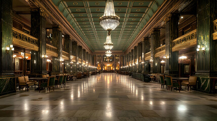 Grand Hall Interior With Green Marble Columns And Chandeliers