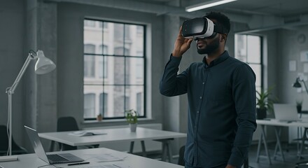 Man Experiencing Virtual Reality in Modern Office Space
