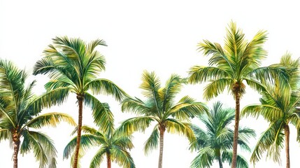 Lush Watercolor Palm Trees on White Background, Tropical Paradise View