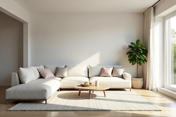 Serene minimalist living room Neutral tones, simple furniture, natural light , sunlight, wood