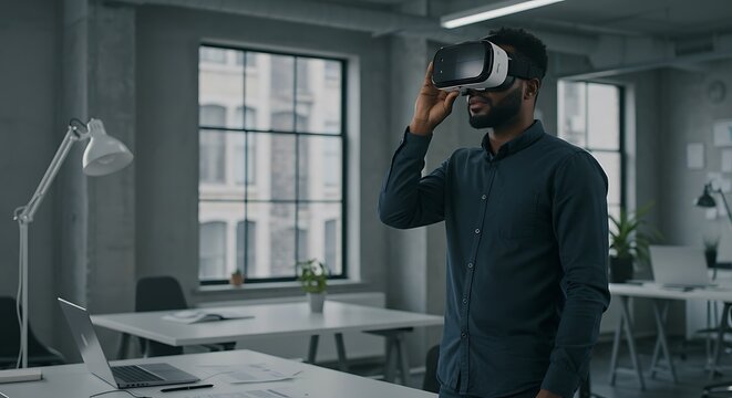 Man Experiencing Virtual Reality in Modern Office Space
