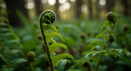 Naklejka premium Unfurling Fern Fronds in a Spring Forest